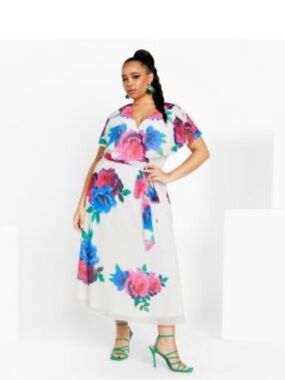 City Chic Women's Plus Size Emie Rose Print Midi/Maxi Dress, size 1X/2X, NWT